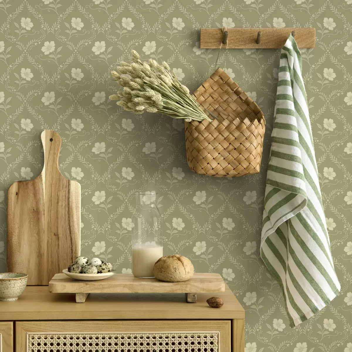 Papier peint Treillis d'oliviers avec fleurs crème, ornement rétro a00585