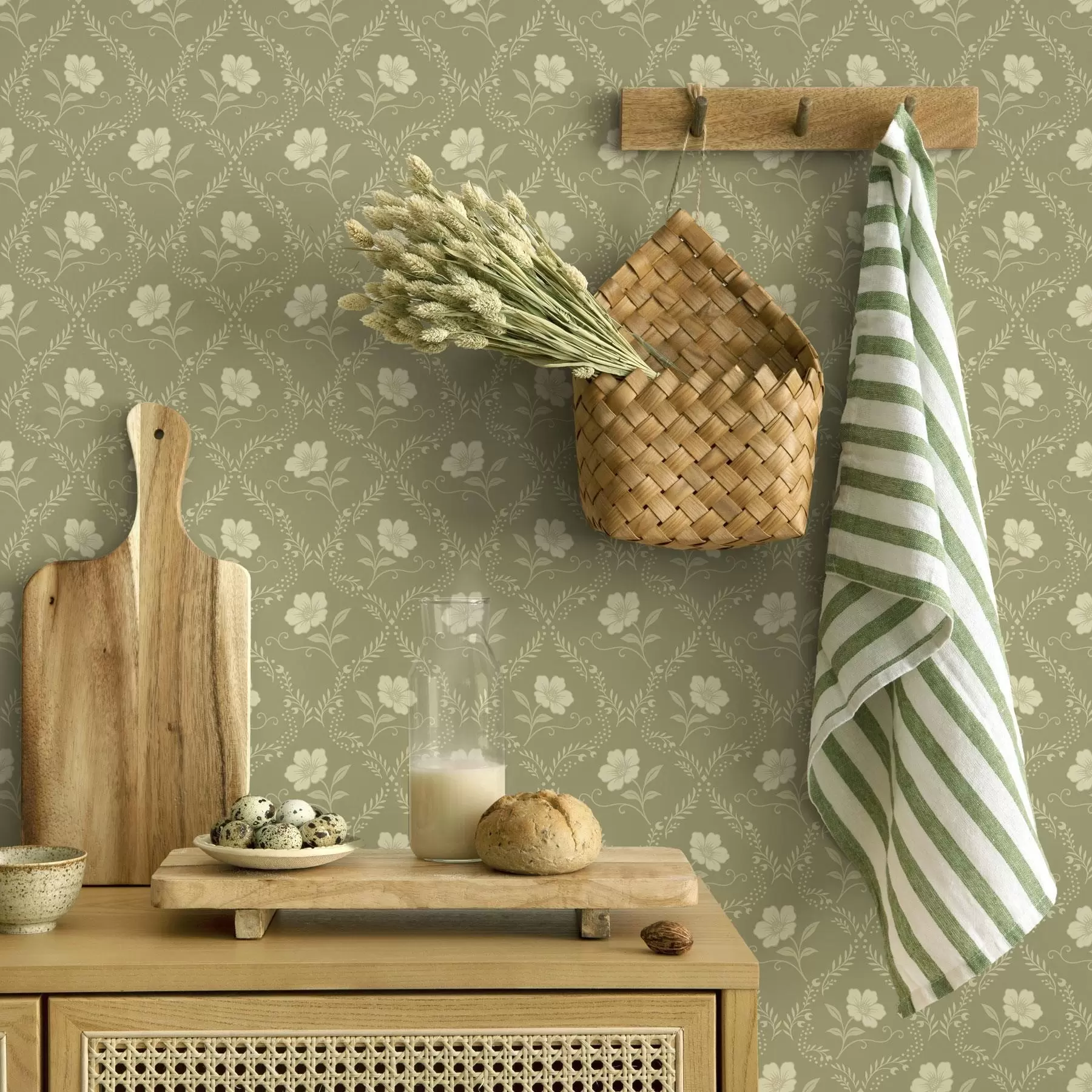 Papier peint Treillis d'oliviers avec fleurs crème, ornement rétro a00585