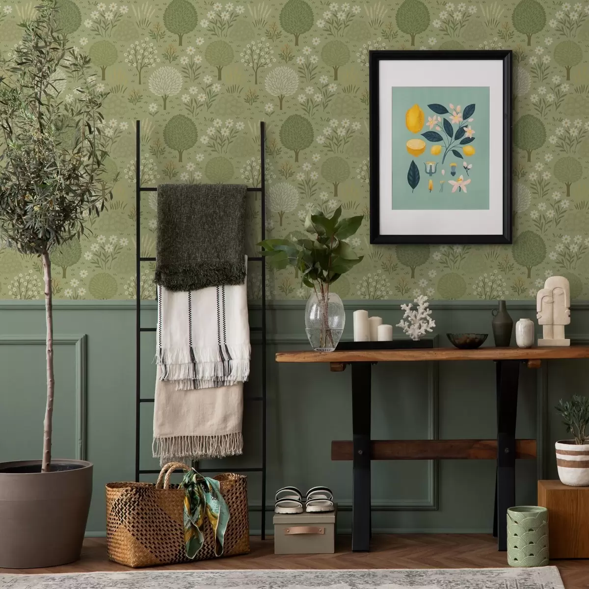 Papier peint Jardin écologique pour enfants : arbres, fleurs et blé a00586