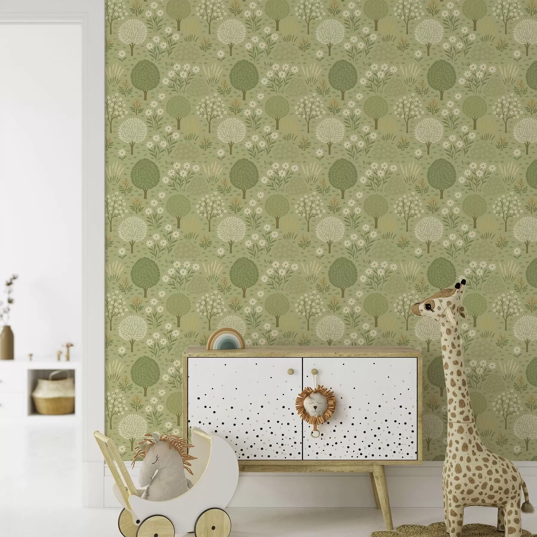 Papier peint Jardin écologique pour enfants : arbres, fleurs et blé a00586