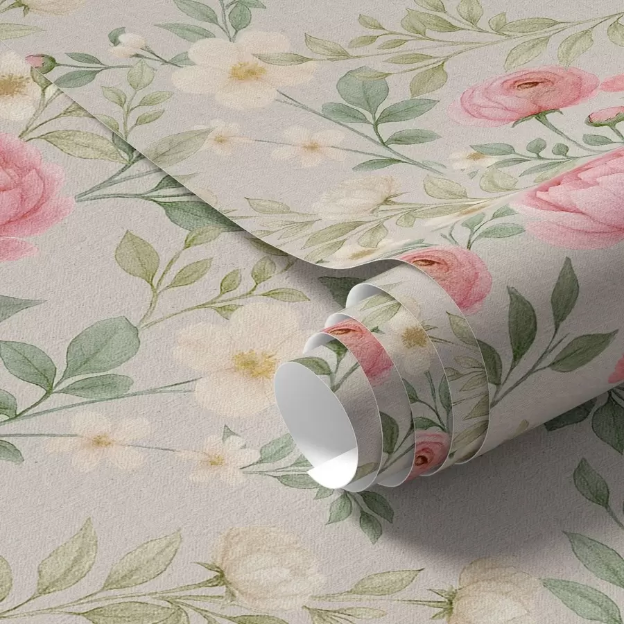 Papier peint Pivoines aquarellées et fleurs blanches sur fond gris-beige a00592