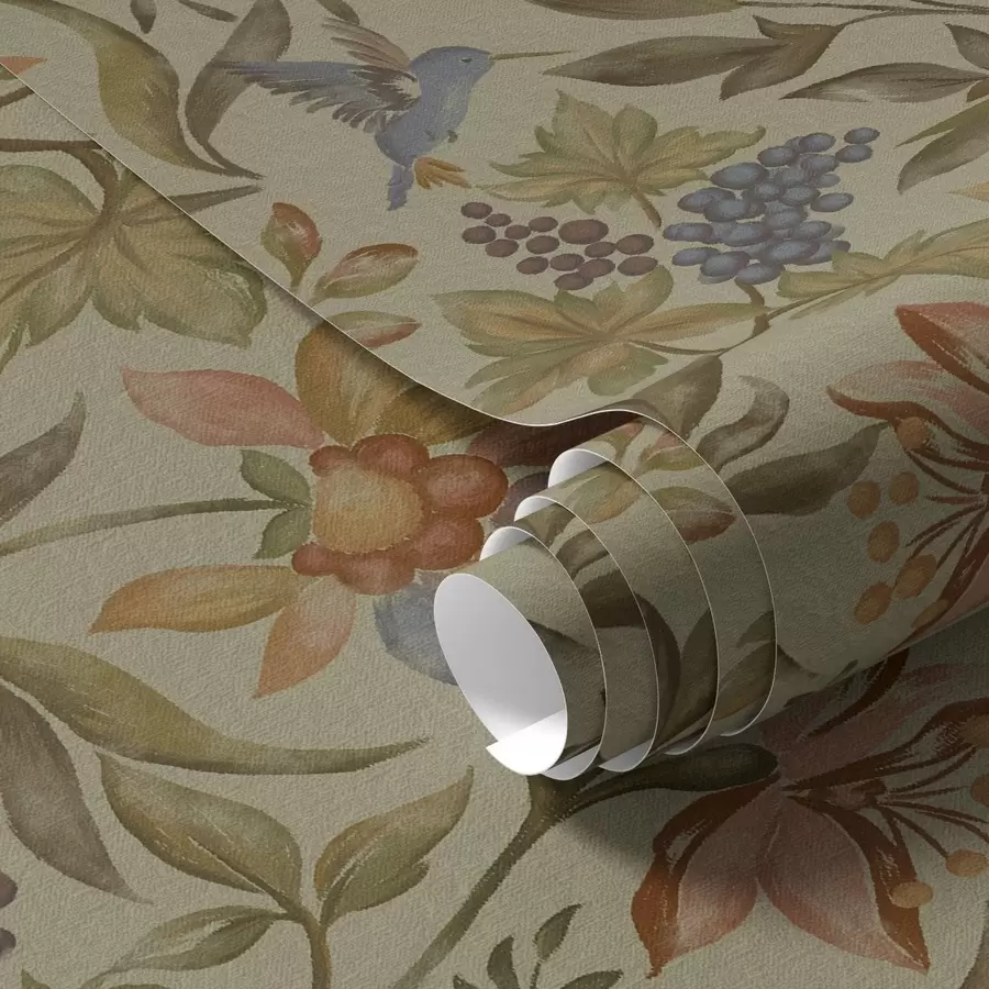 Papier peint Fleurs et oiseaux vintage avec des raisins sur fond olive a00594