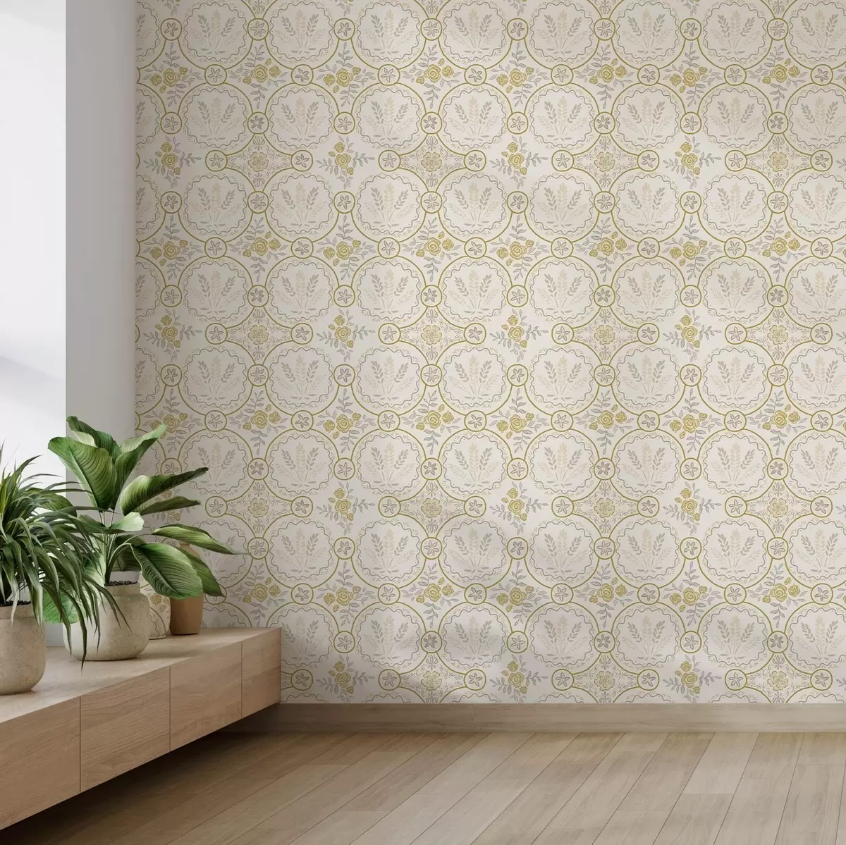 Papier peint Ornement rétro avec blé et roses dorés a00595