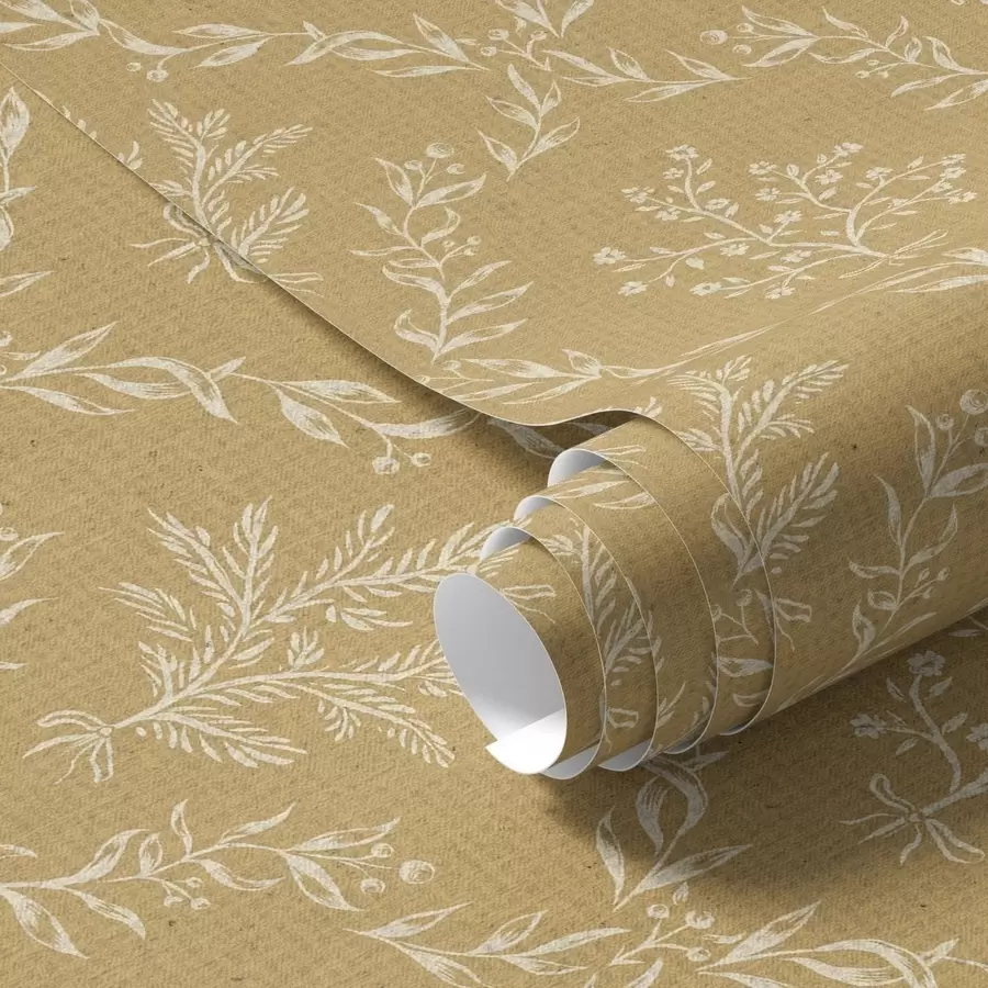Papier peint Couronnes blanches d'herbes et de fleurs sur fond moutarde a00599