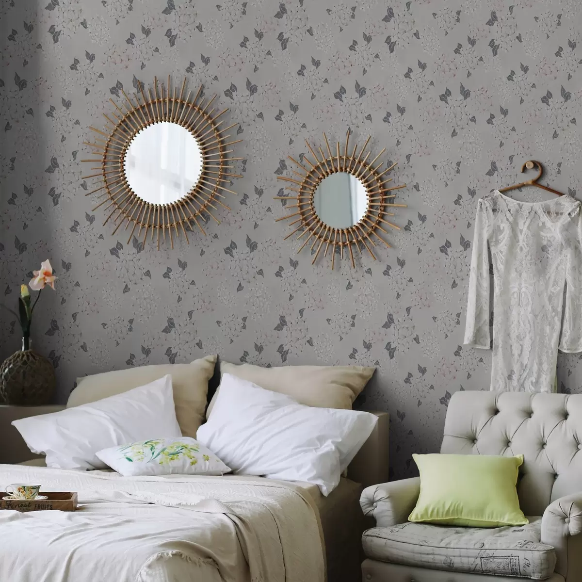 Papier peint Fleurs aériennes sur fond clair, tons doux rose-gris a00600
