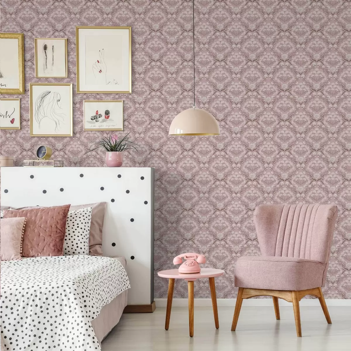 Papier peint Damassé rose : pivoines, perce-neige et grappes dentelées a00603