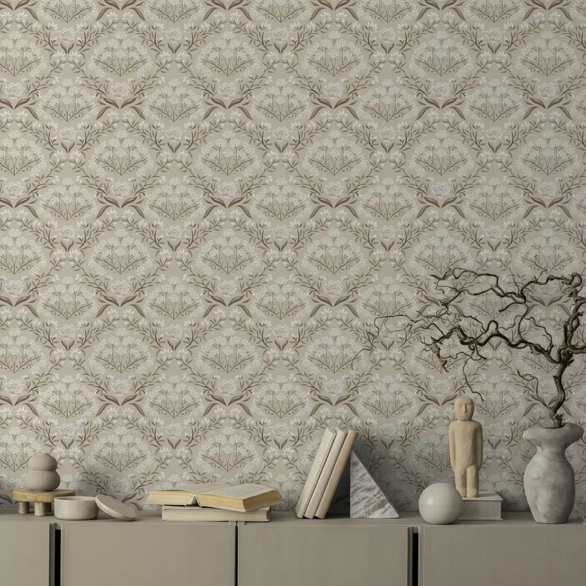 Papier peint Damassé beige : pivoines, perce-neige et grappes dentelées a00603v1
