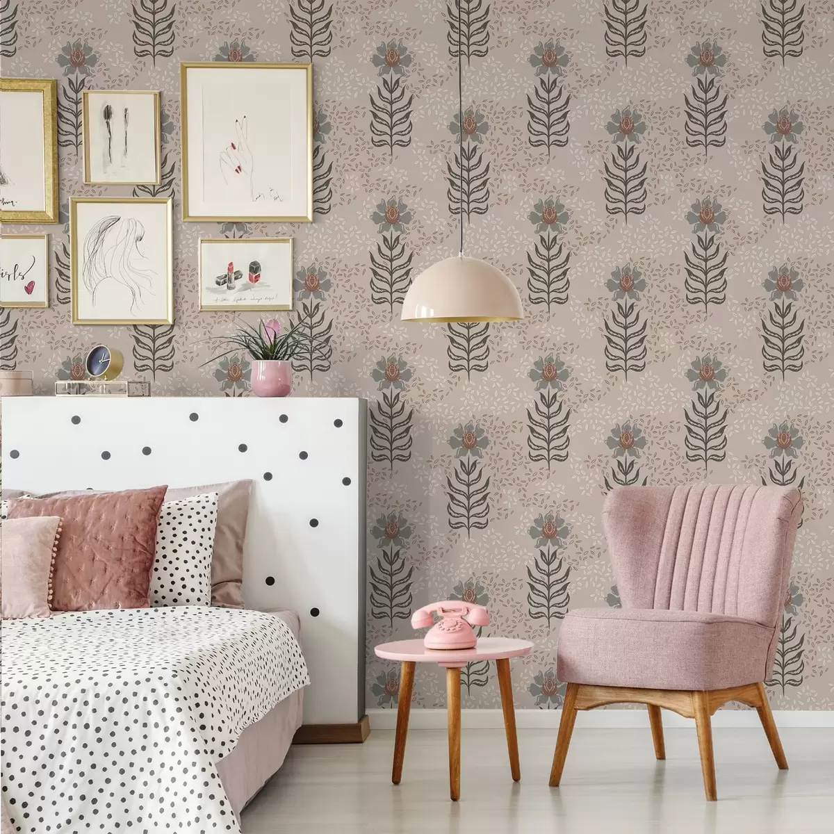 Papier peint Fleurs et graines stylisées sur fond beige chaud a00604