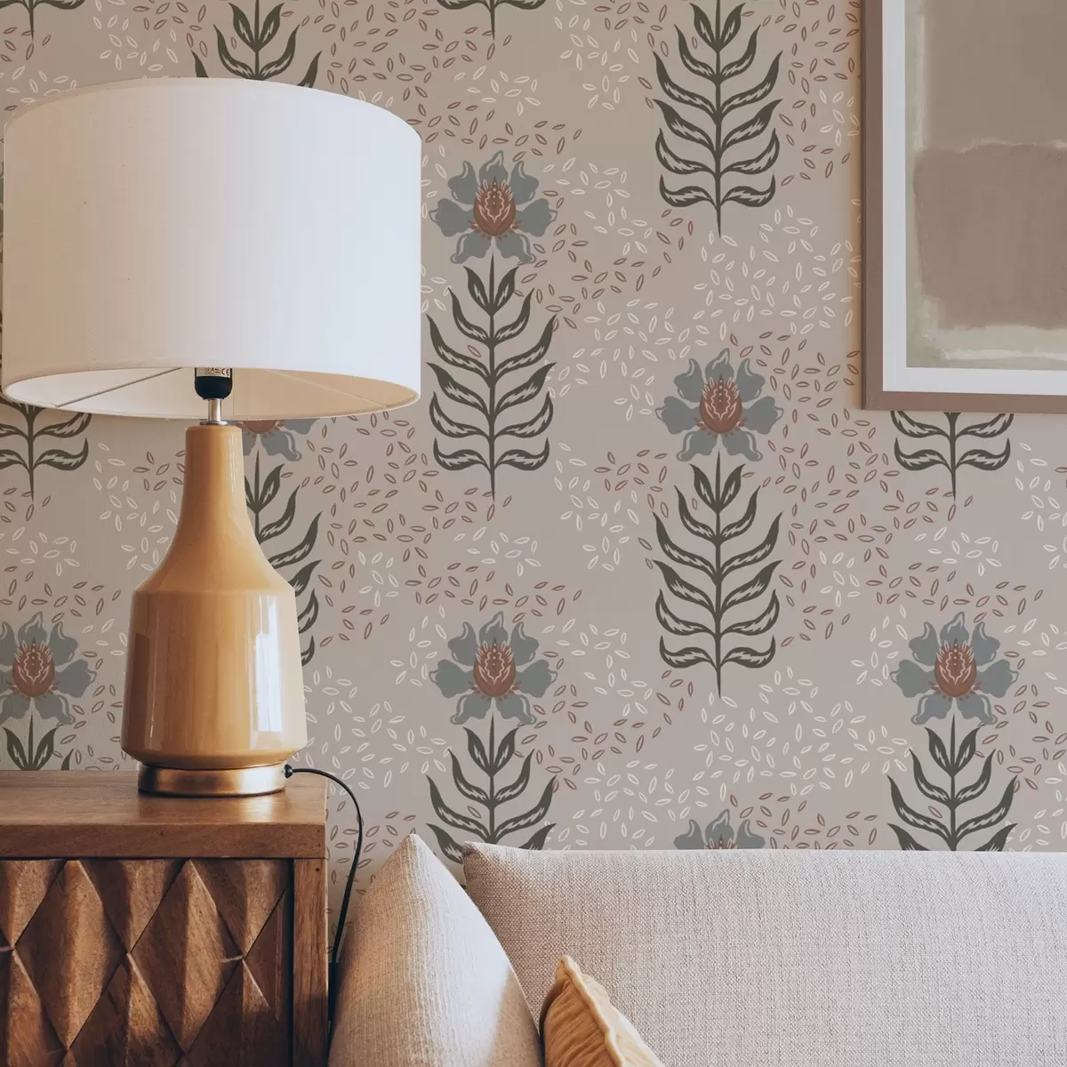 Papier peint Fleurs et graines stylisées sur fond beige chaud a00604