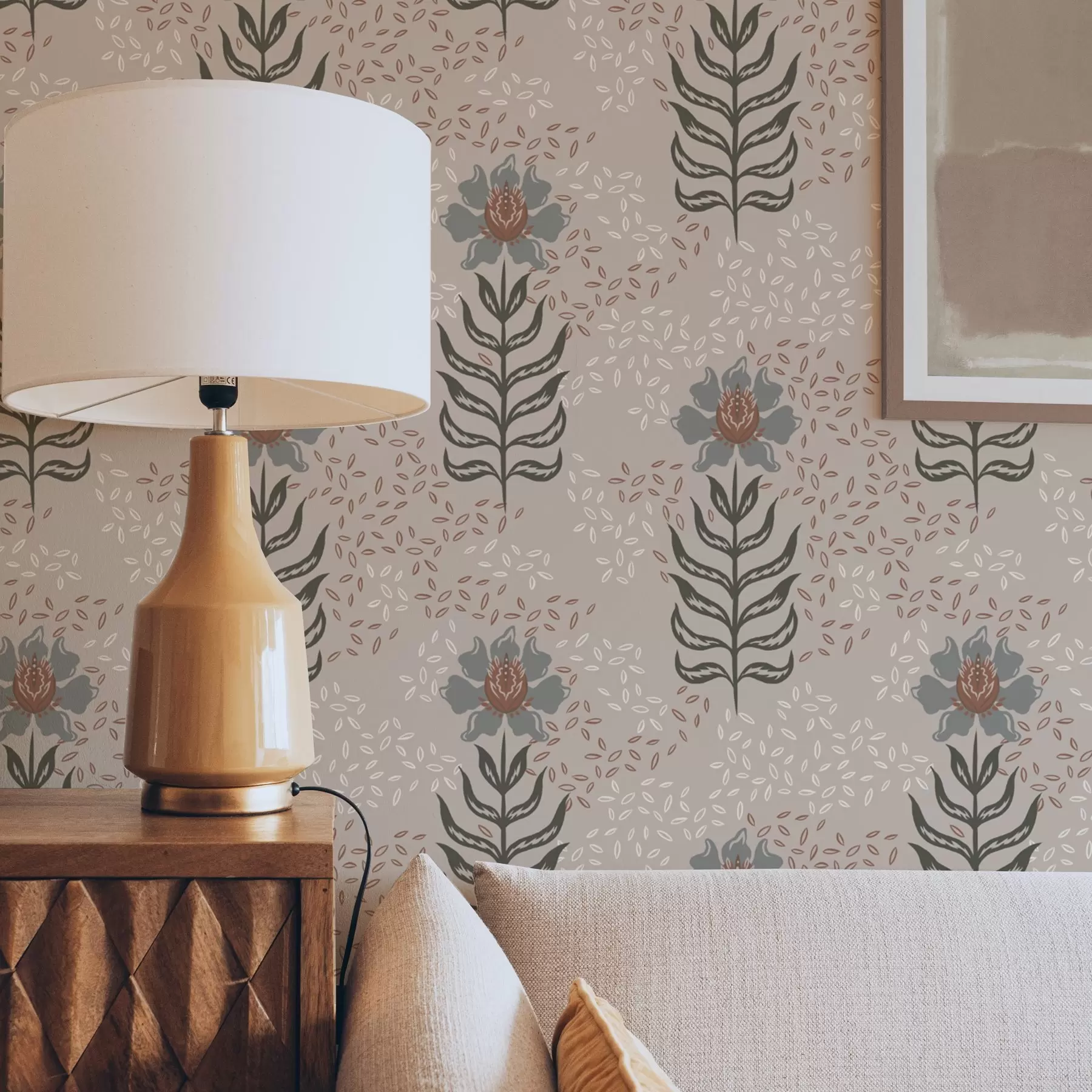Papier peint Fleurs et graines stylisées sur fond beige chaud a00604
