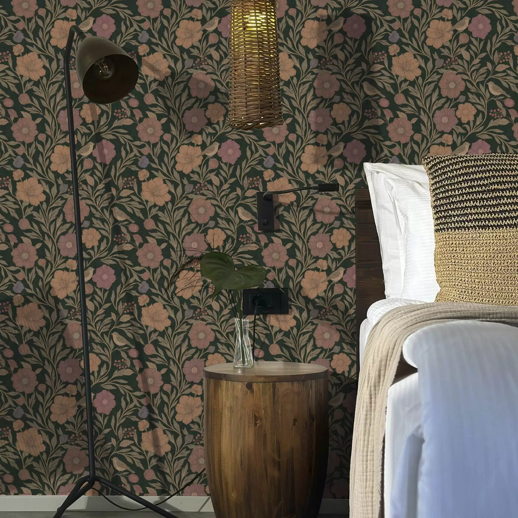 Papier peint Fleurs d'automne et oiseaux sur fond émeraude profond a00605v1