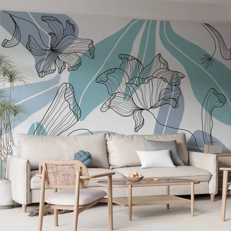 Papier peint feuilles et fleurs abstraites dans les tons bleus w04499v2