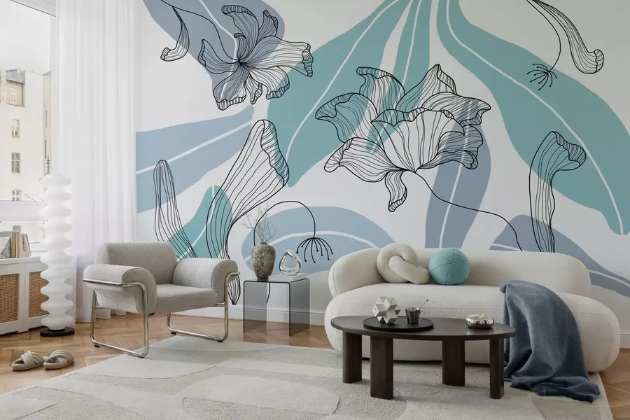 Papier peint feuilles et fleurs abstraites dans les tons bleus w04499v2