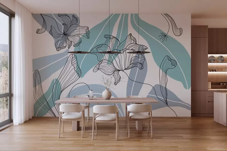 Papier peint feuilles et fleurs abstraites dans les tons bleus w04499v2