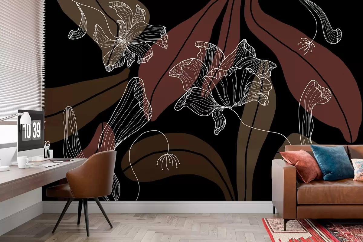 Papier peint feuilles et fleurs abstraites dans des tons poudrés et beiges sur fond sombre w04499v3