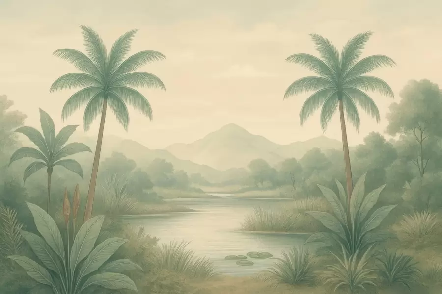 Papier peint paysage tropical avec des palmiers et une rivière w04623