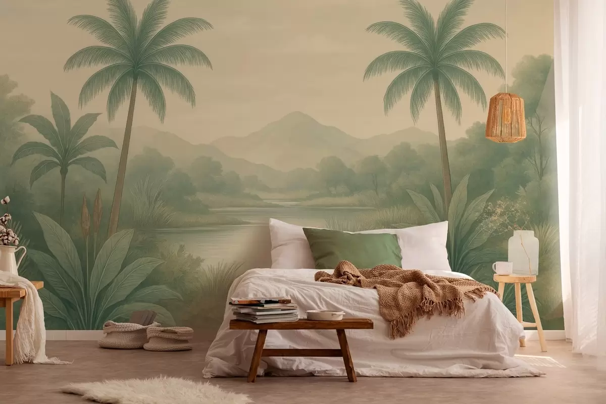 Papier peint paysage tropical avec des palmiers et une rivière w04623