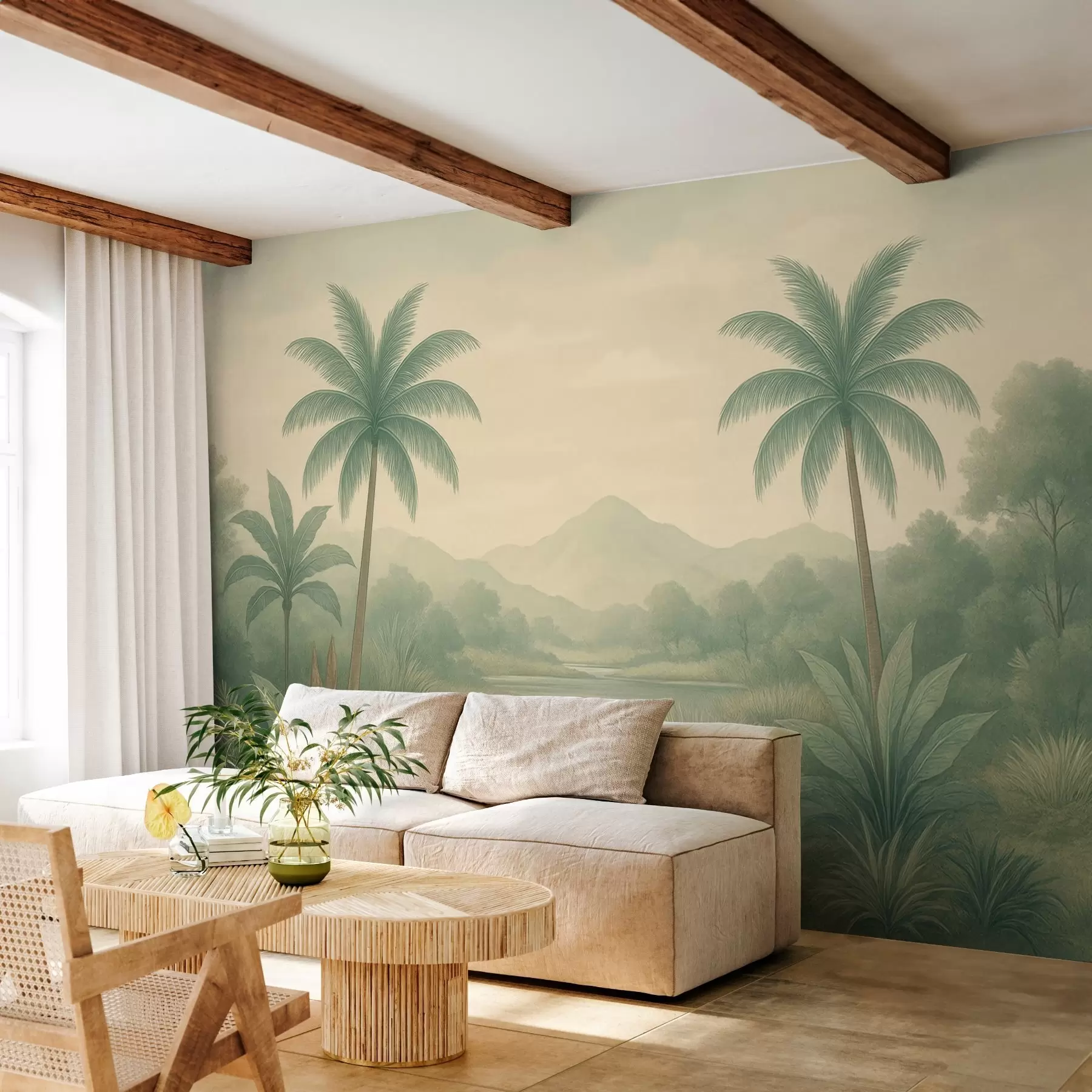 Papier peint paysage tropical avec des palmiers et une rivière w04623