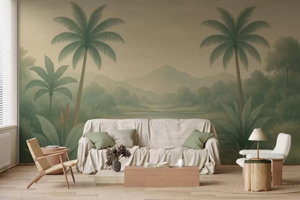 Papier peint paysage tropical avec des palmiers et une rivière w04623