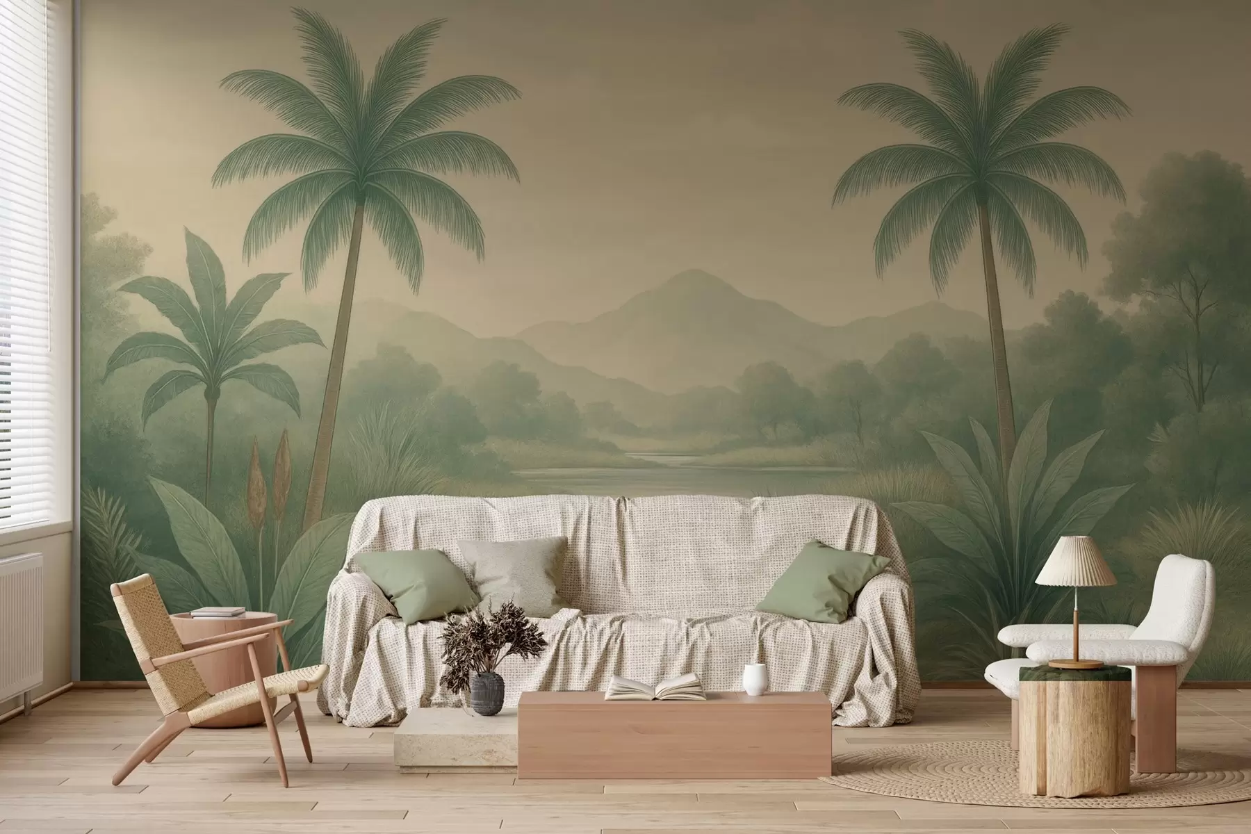 Papier peint paysage tropical avec des palmiers et une rivière w04623