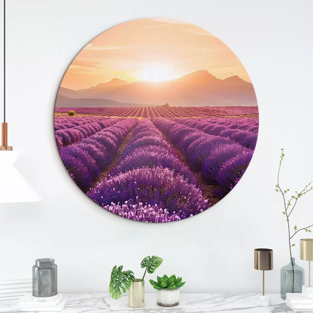 Tableaux rondes Coucher de soleil dans un champ de lavande r45663