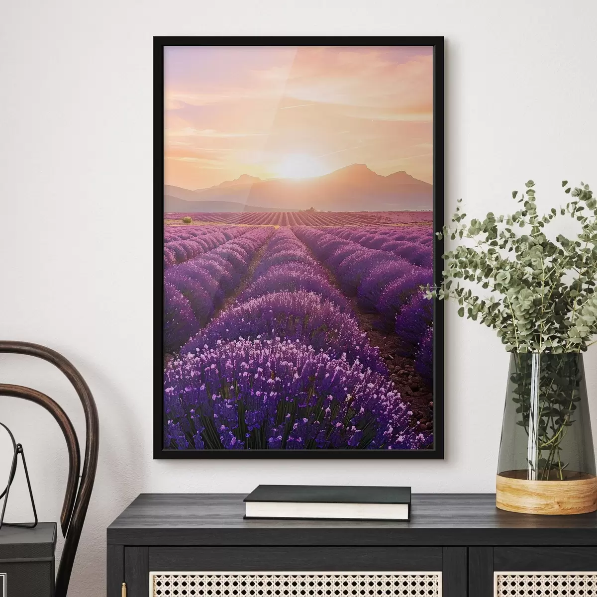 Poster Coucher de soleil dans un champ de lavande f45663