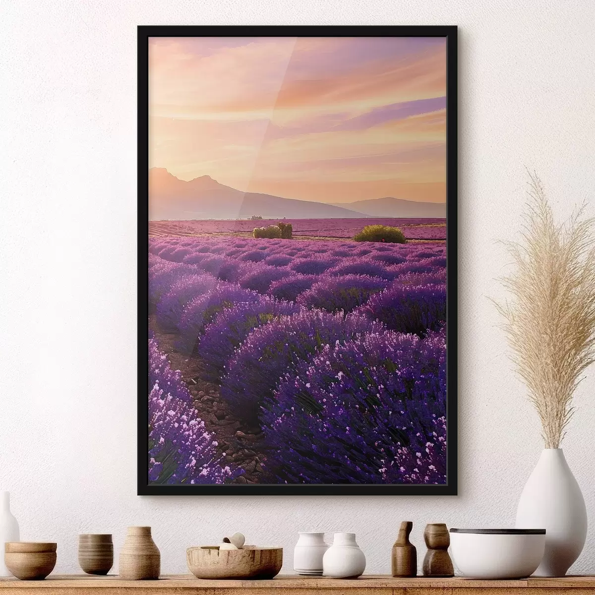 Poster Lavande sur fond de coucher de soleil dans les montagnes f45664