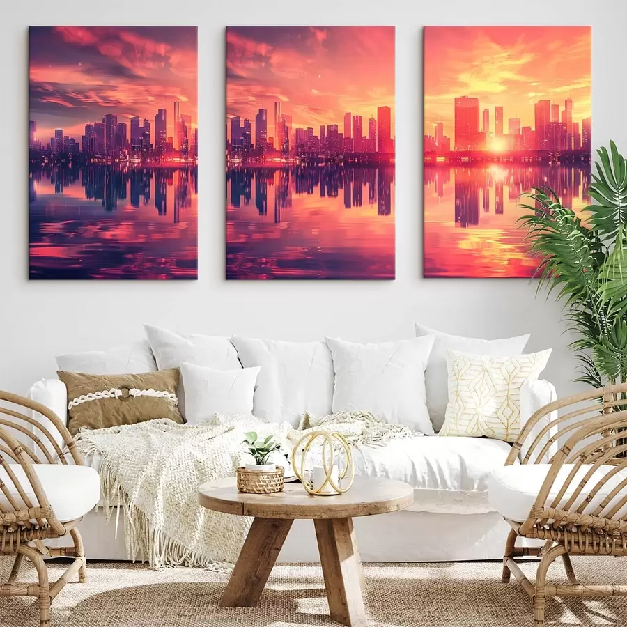 Tableau Coucher de soleil romantique avec une ville moderne en arrière-plan m00784