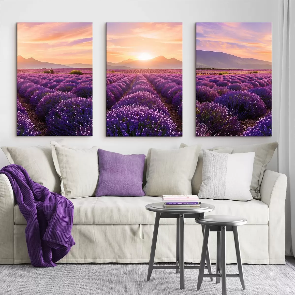 Tableau Coucher de soleil dans un champ de lavande m00785