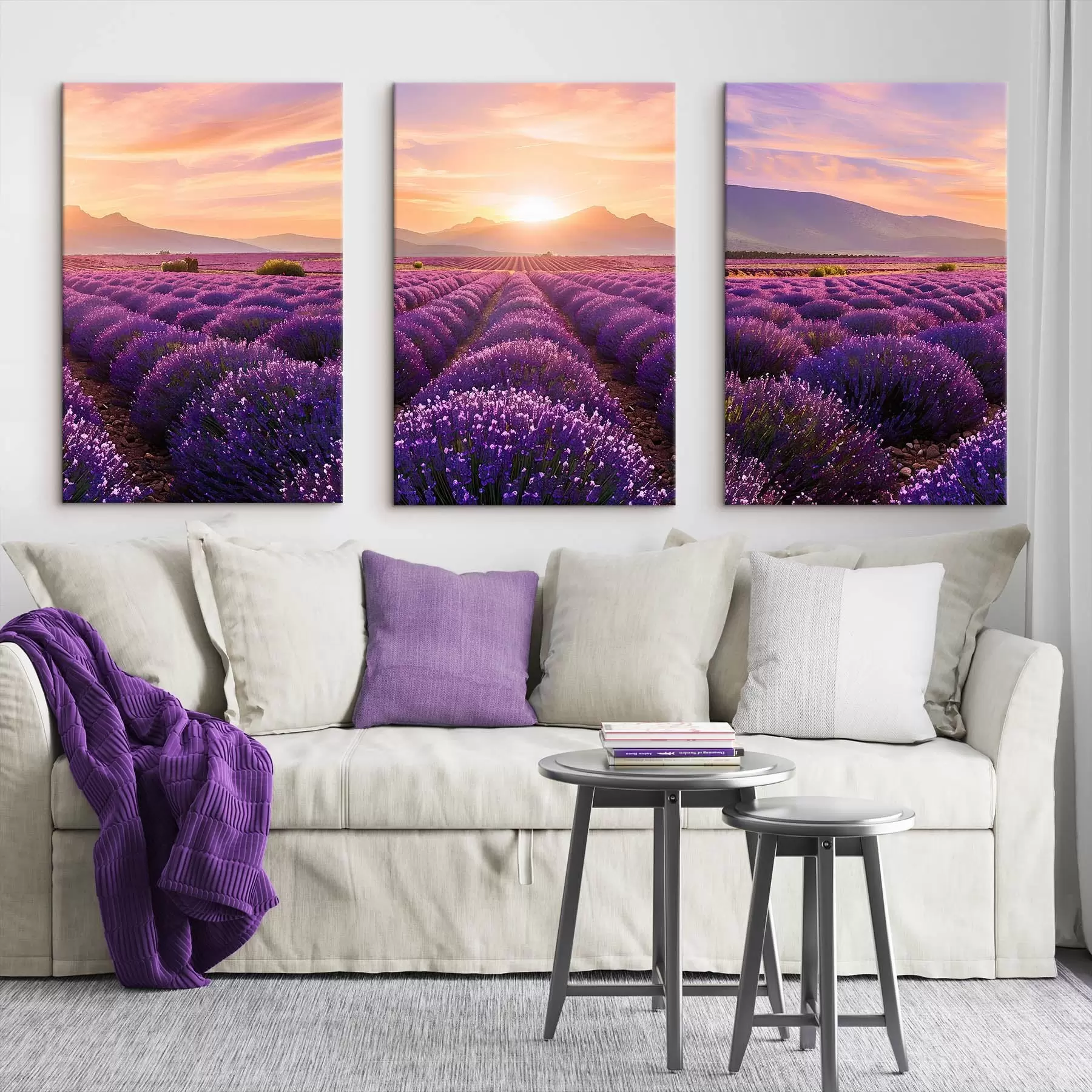 Tableau Coucher de soleil dans un champ de lavande m00785
