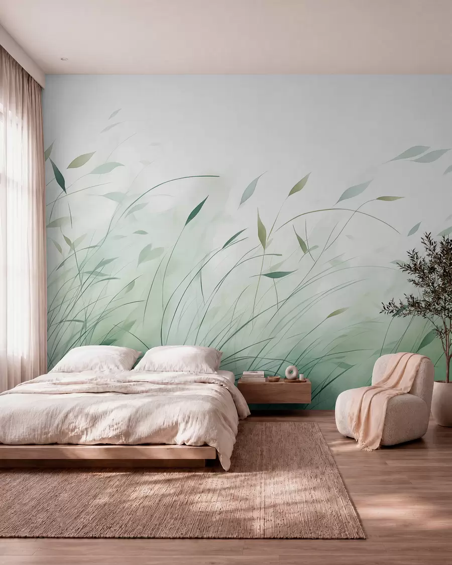 Papier peint Herbe verte dans le vent, style aquarelle w09331