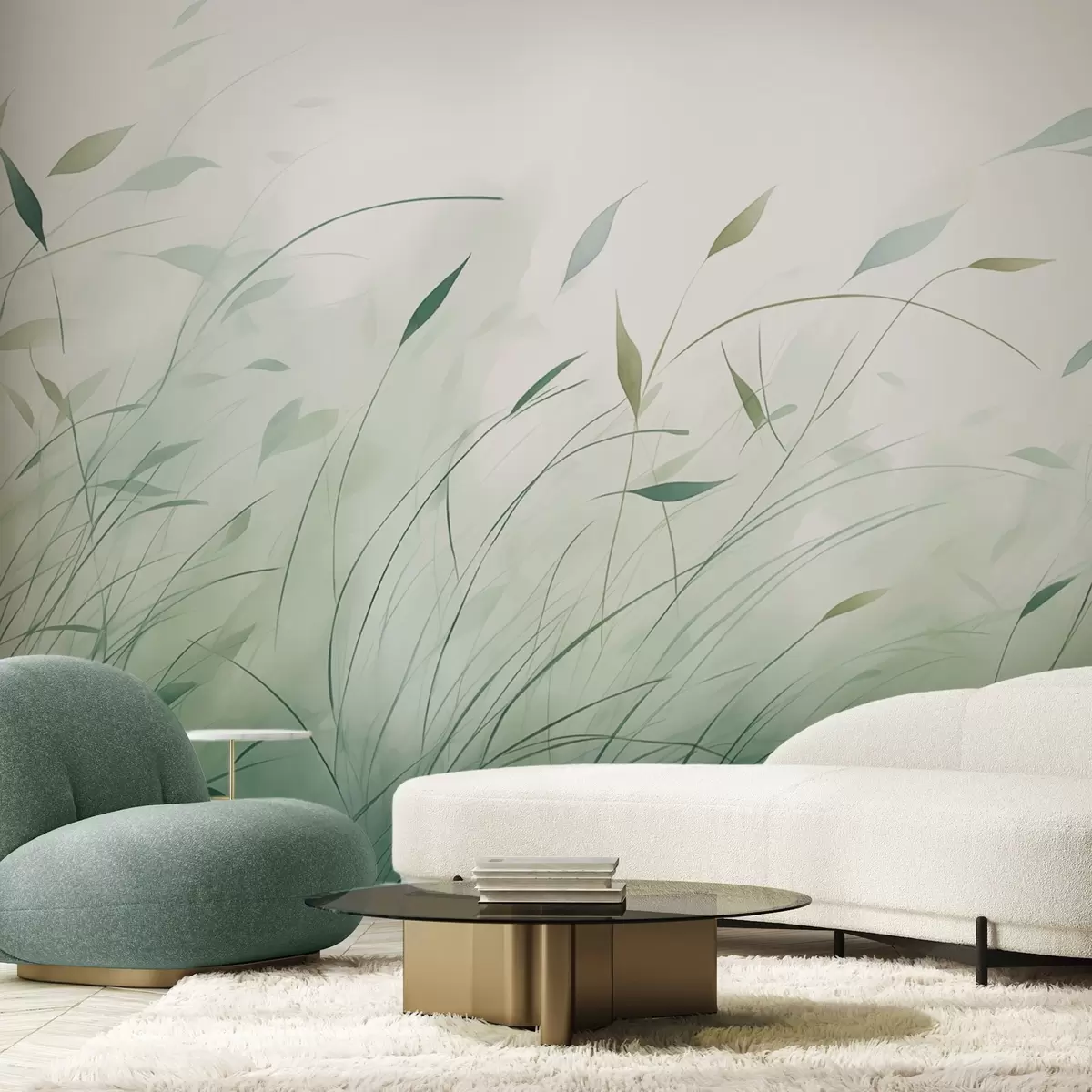 Papier peint Herbe verte dans le vent, style aquarelle w09331