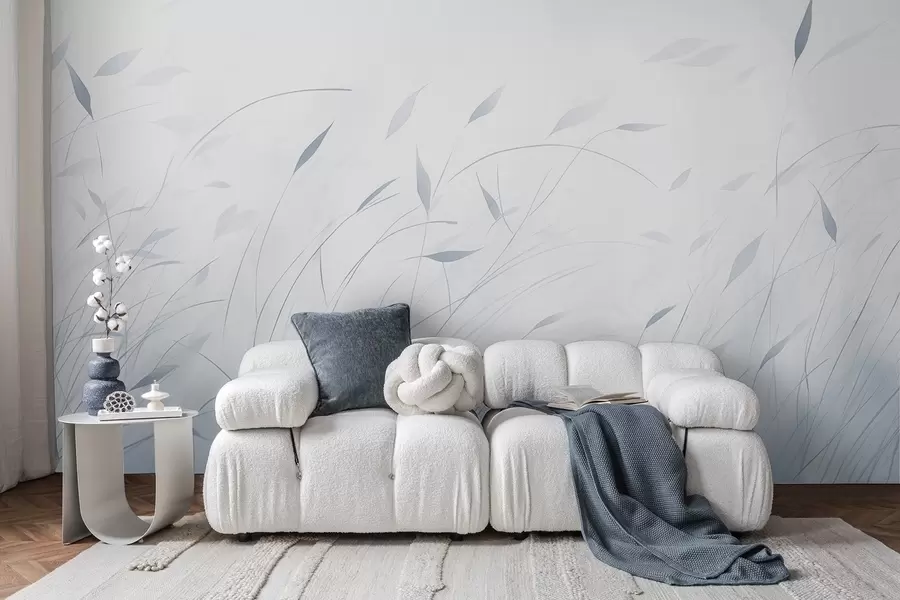 Papier peint Herbe dans le vent, style aquarelle, dans des tons bleus w09331v2