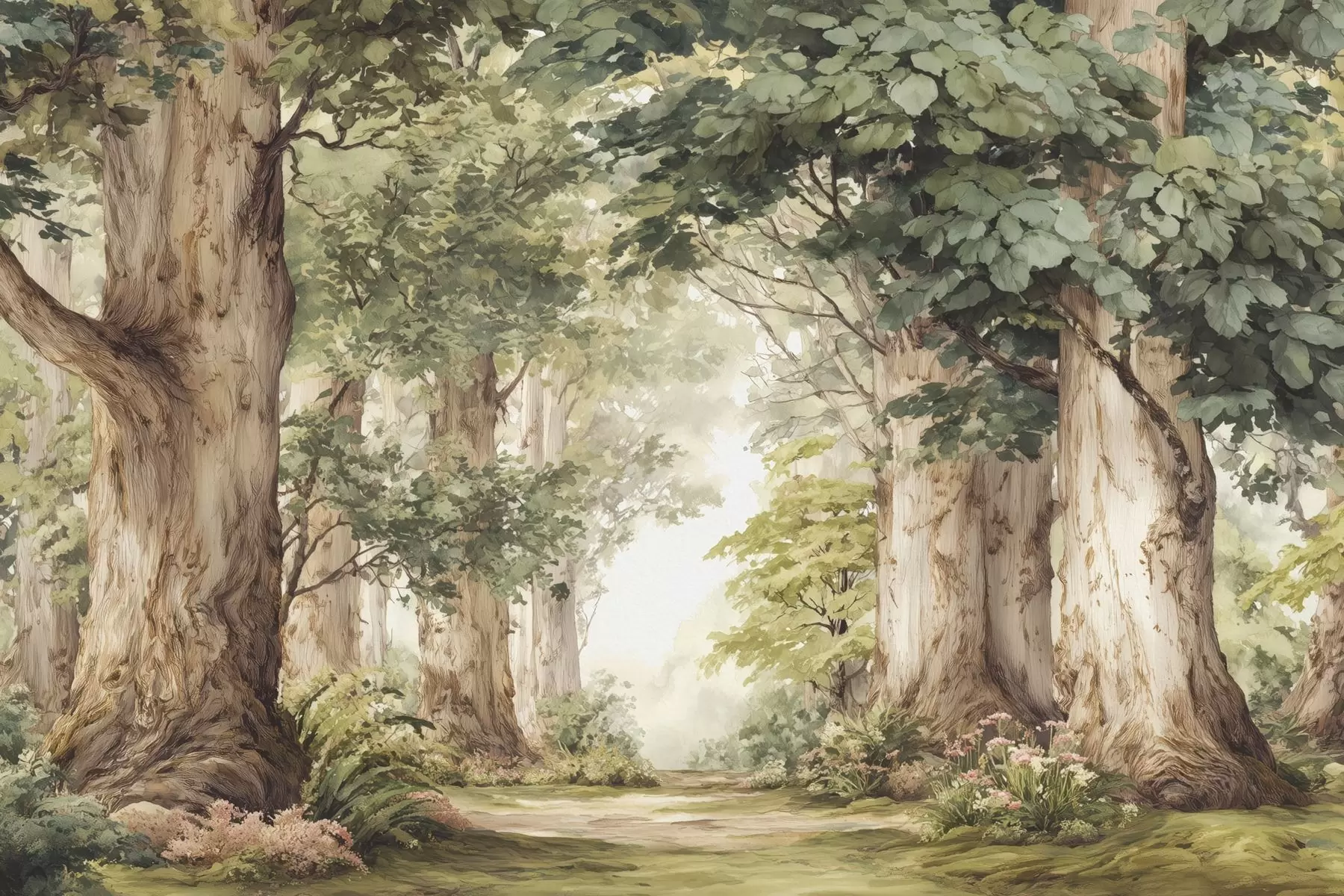 Papier peint Sentier forestier parmi des arbres majestueux, style aquarelle w09404