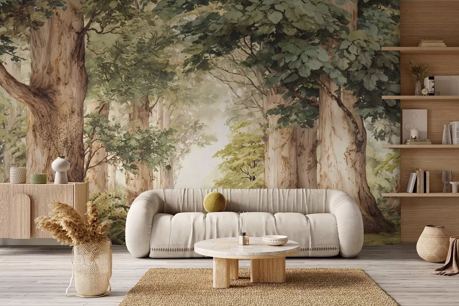 Papier peint Sentier forestier parmi des arbres majestueux, style aquarelle w09404