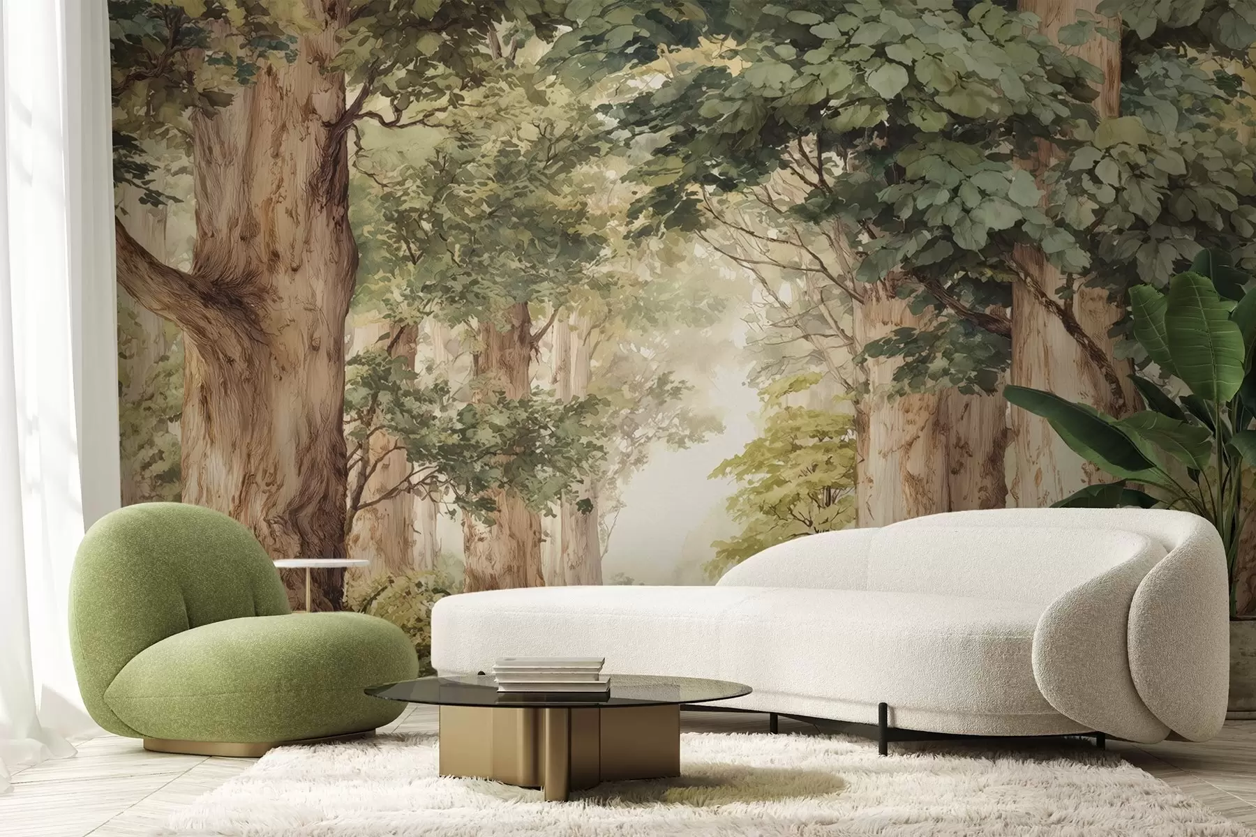 Papier peint Sentier forestier parmi des arbres majestueux, style aquarelle w09404