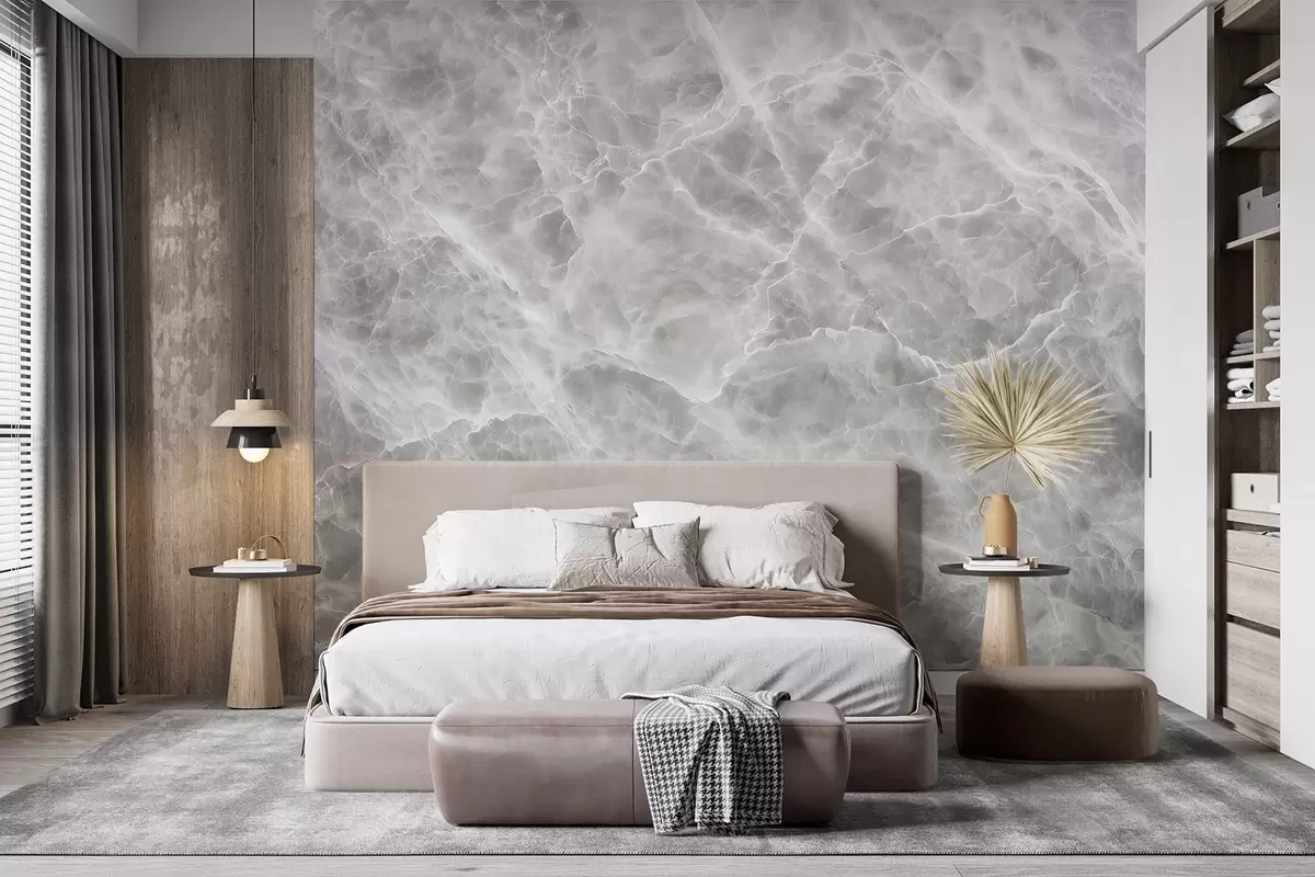 Papier peint Imitation luxueuse d'une surface en marbre dans des tons gris-blancs froids w09409