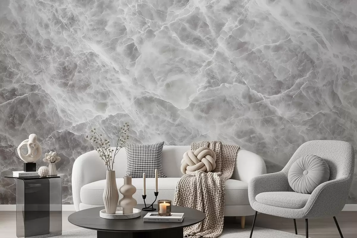 Papier peint Imitation luxueuse d'une surface en marbre dans des tons gris-blancs froids w09409