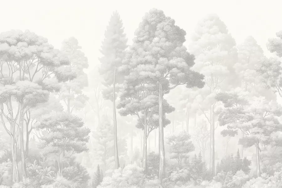 Papier peint Paysage forestier artistique réalisé selon la technique du hachurage graphique en noir et blanc w09411