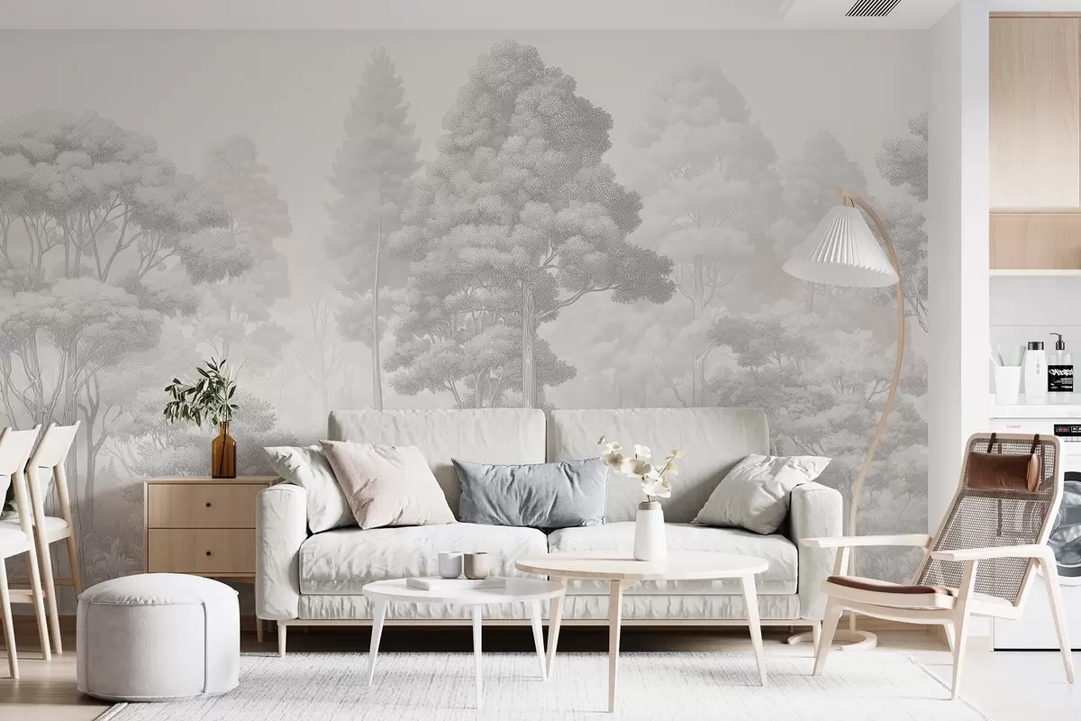 Papier peint Paysage forestier artistique réalisé selon la technique du hachurage graphique en noir et blanc w09411