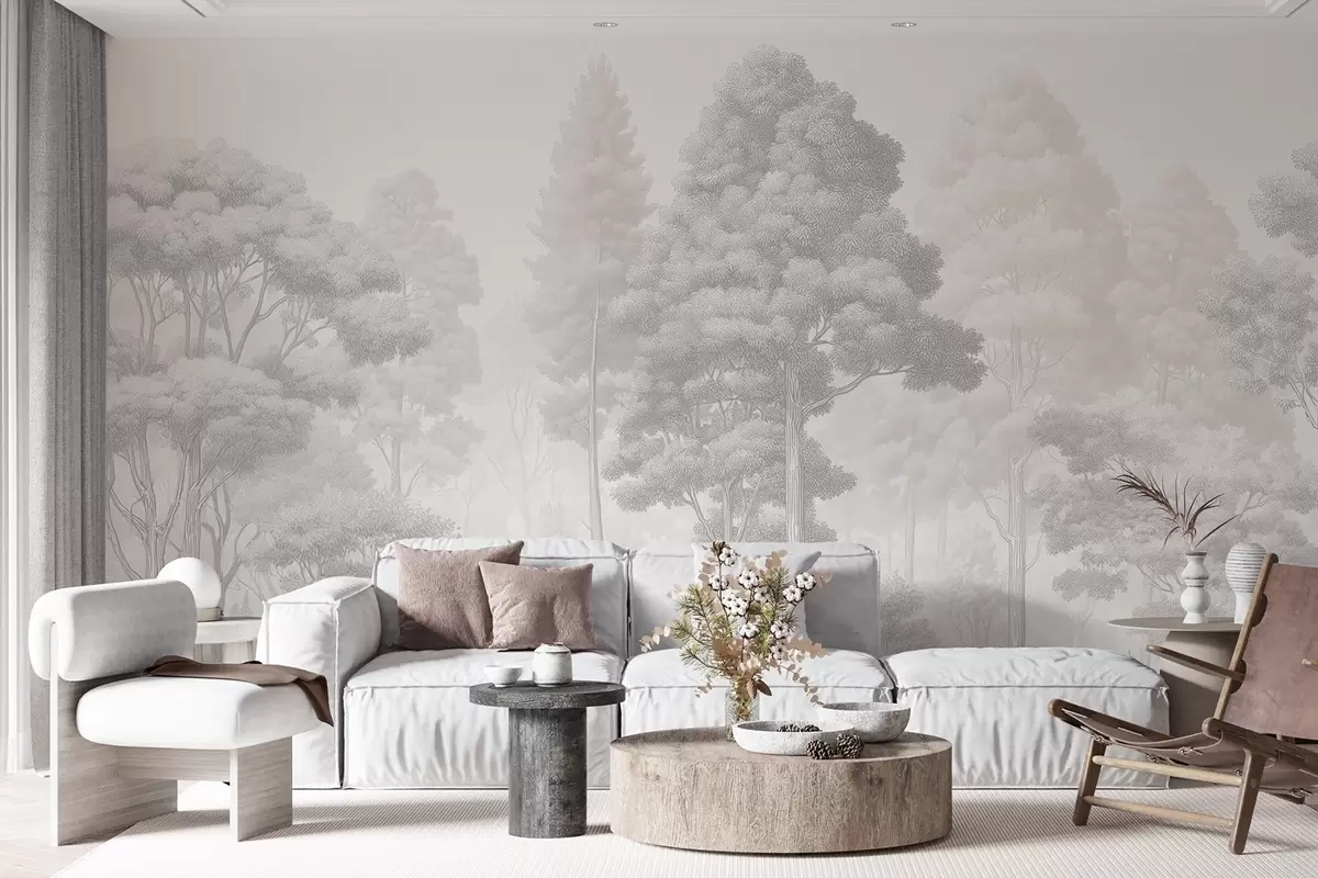 Papier peint Paysage forestier artistique réalisé selon la technique du hachurage graphique en noir et blanc w09411