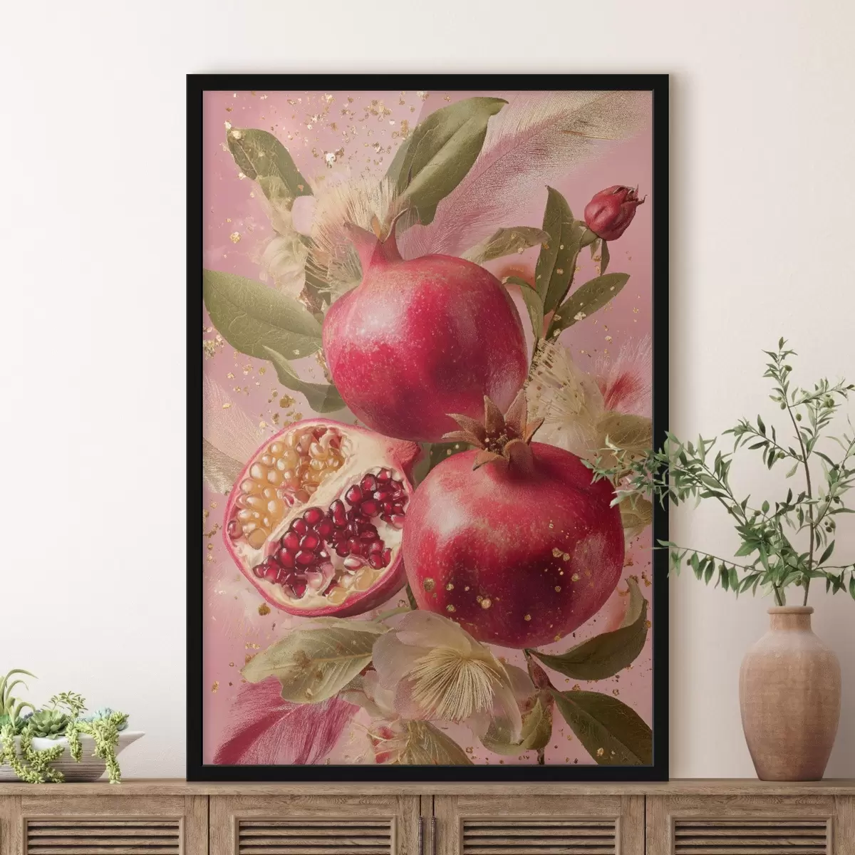 Poster Grenades mûres sur fond rose avec feuillage et mouchetures dorées f45868