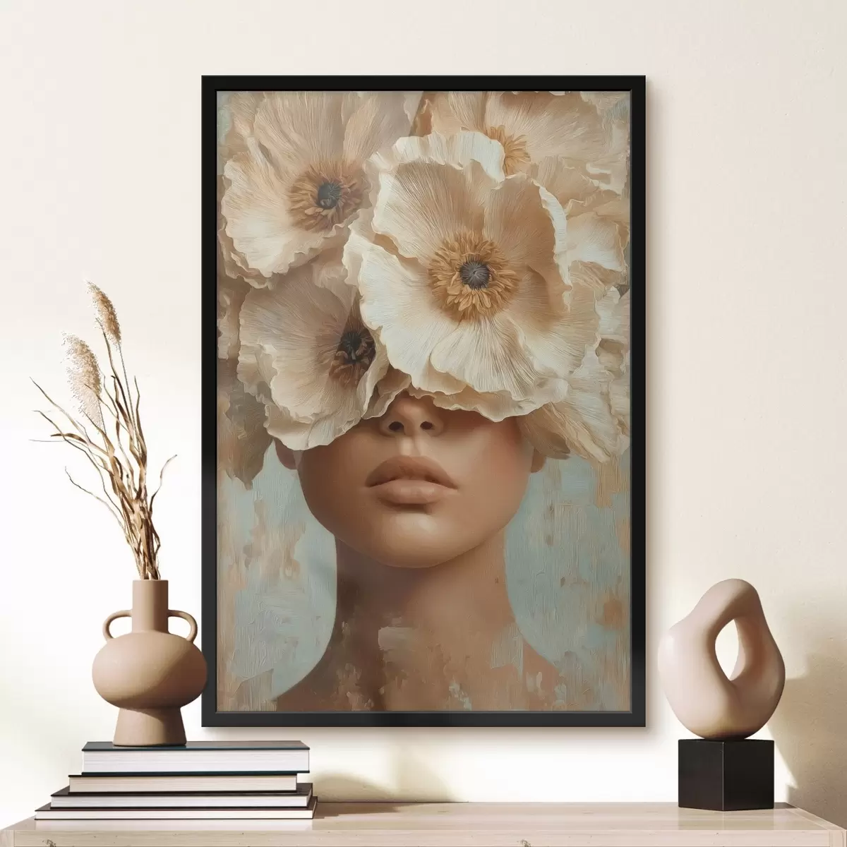 Poster Portrait avec des fleurs beiges couvrant les yeux f45870