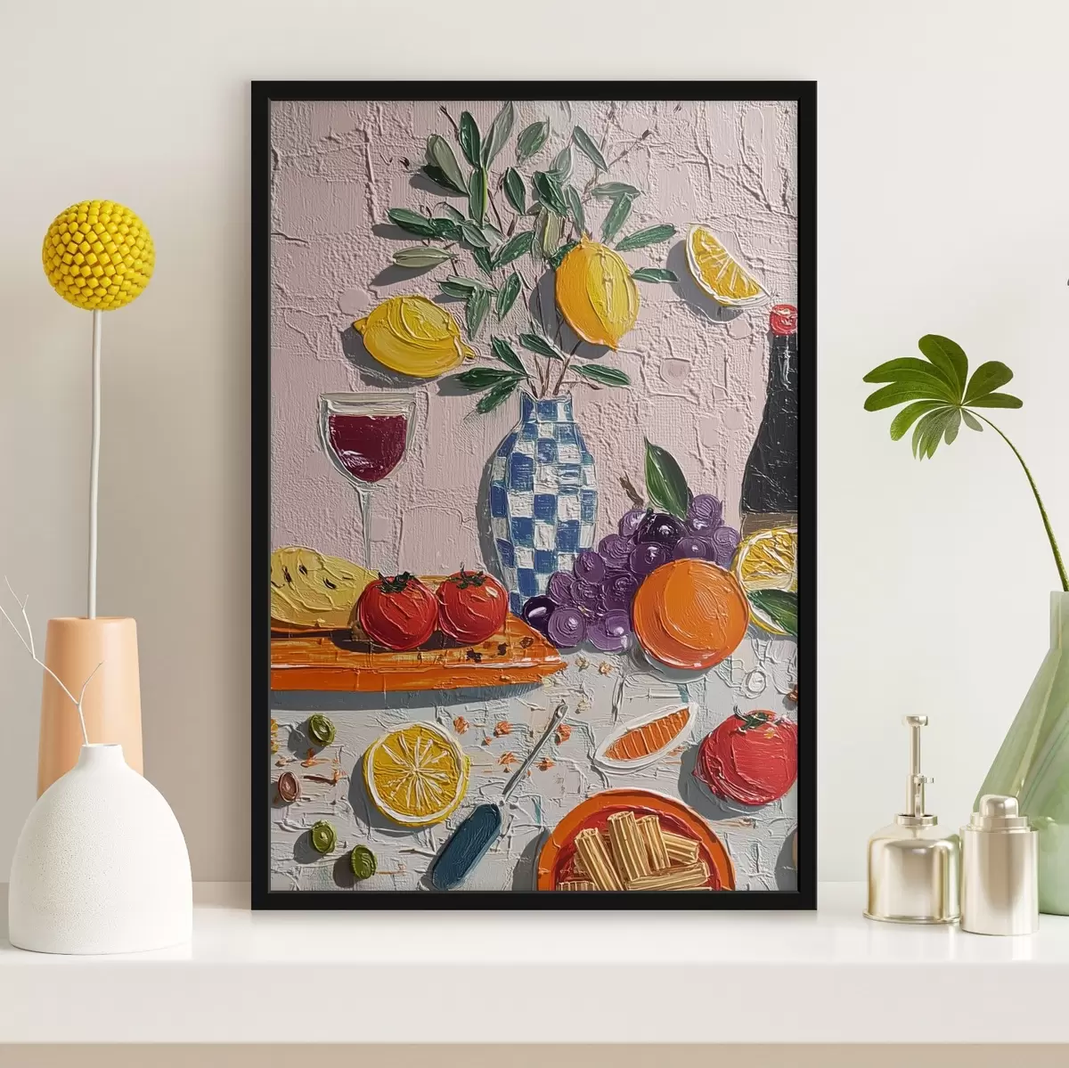 Poster Nature morte pastel : citrons, raisins et tomates, empâtement f45876