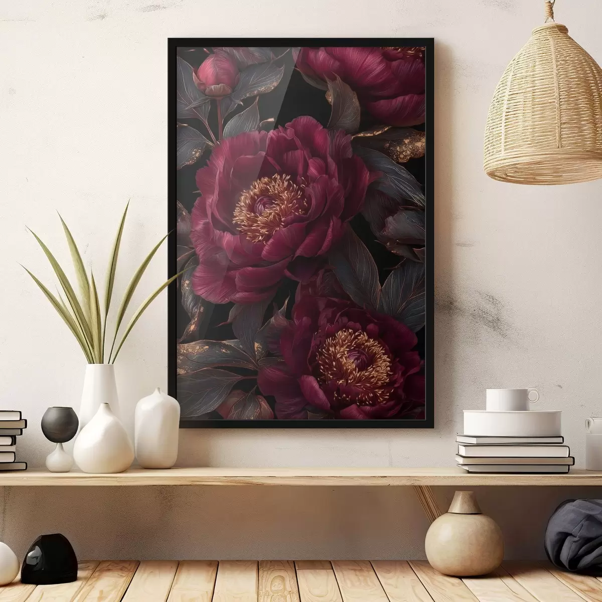 Poster Pivoines bordeaux sur fond noir avec des touches de jaune f45877