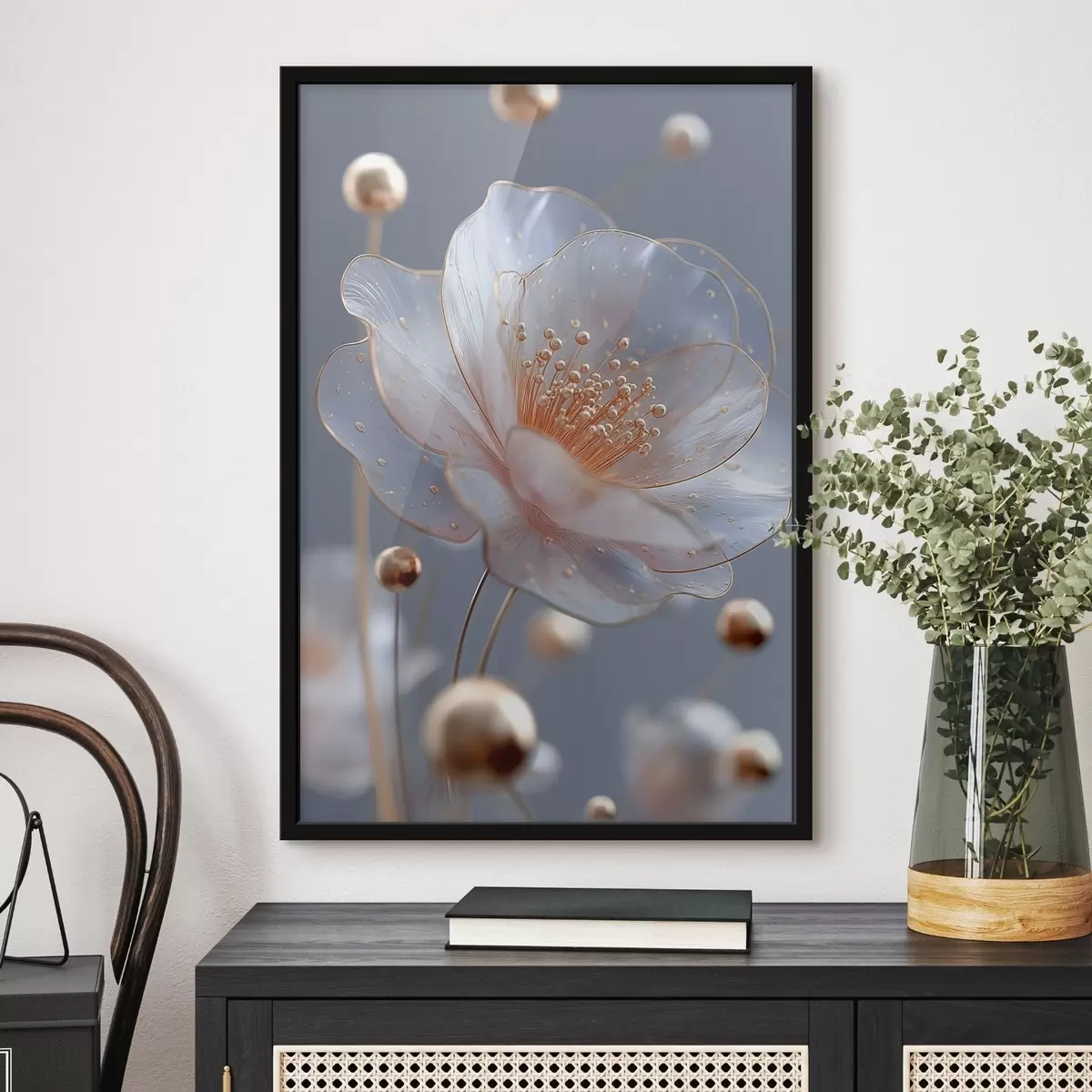 Poster Fleur translucide avec des étamines cuivrées sur fond bleu f45880