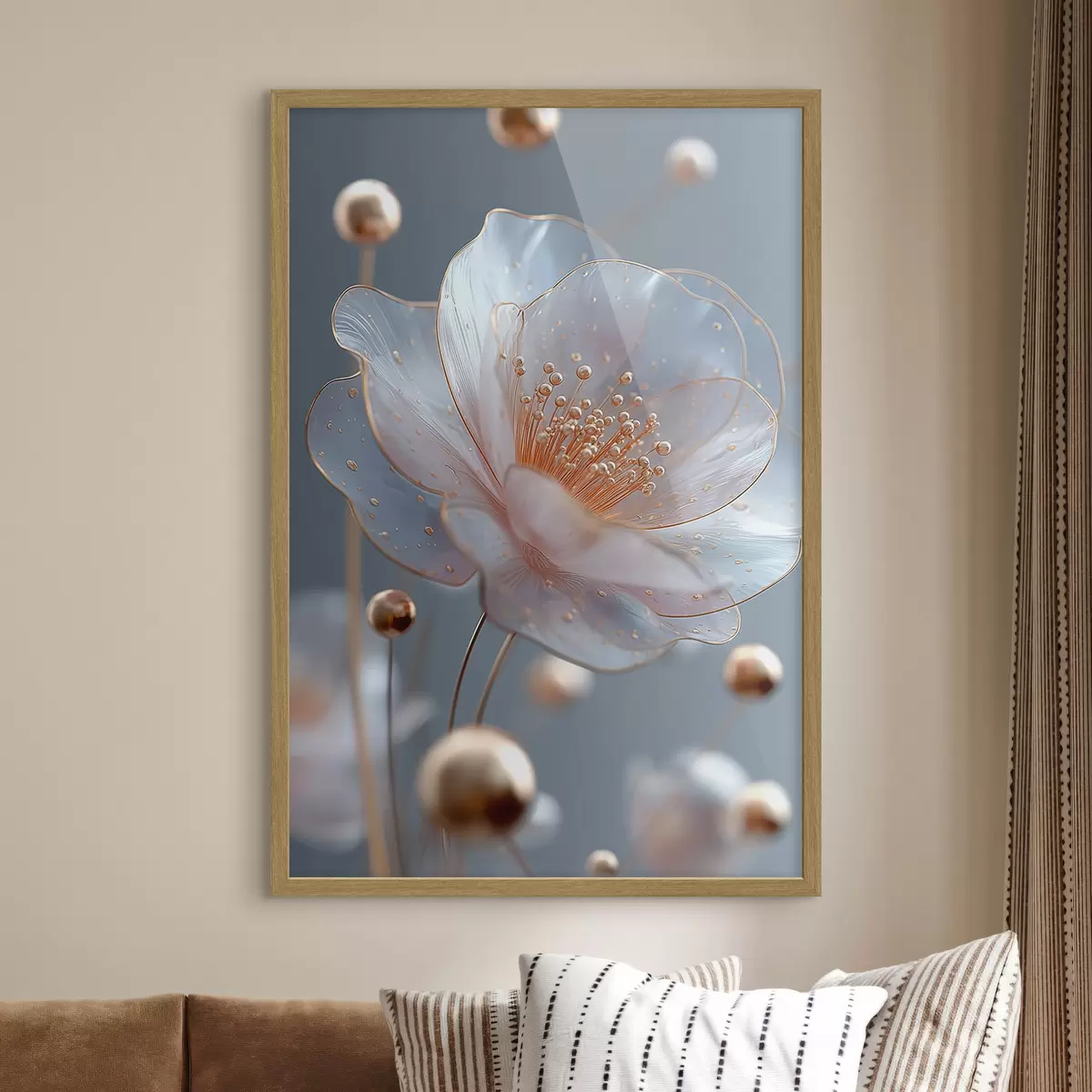 Poster Fleur translucide avec des étamines cuivrées sur fond bleu f45880