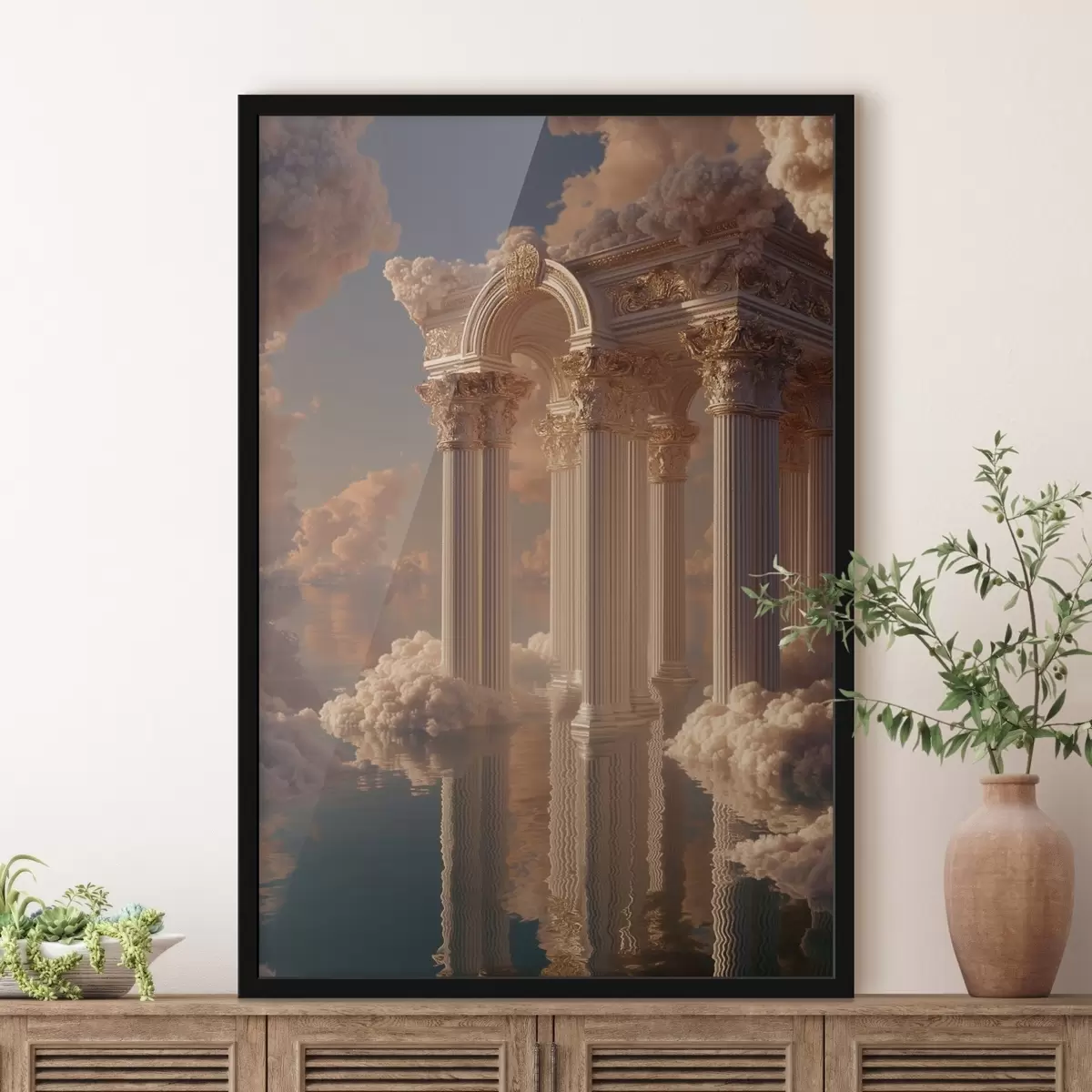 Poster Colonnes dans les nuages, reflets sur l'eau f45881
