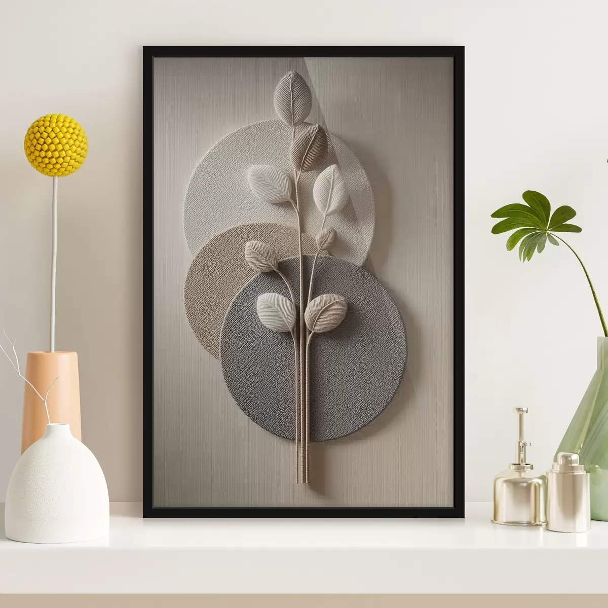 Poster Cercles en relief et branche dans des tons neutres chauds f45883