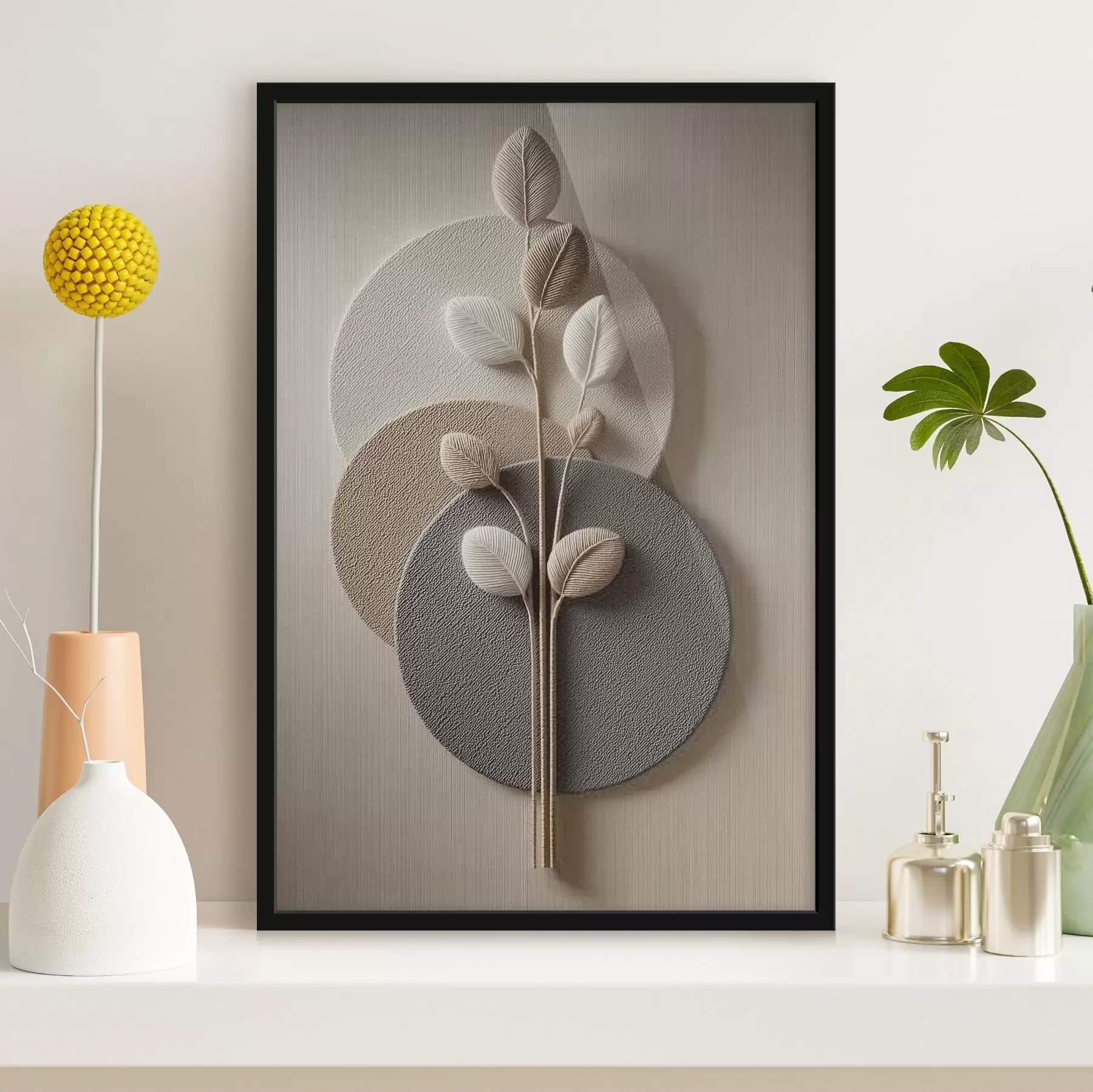 Papier peint Cercles en relief et branche dans des tons neutres chauds f45883